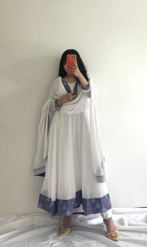 Beautiful designer lace heavy faux georgette white gown dupatta