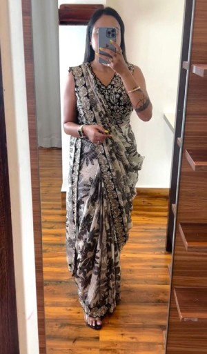 Embroidery cording digital printed faux georgette black saree