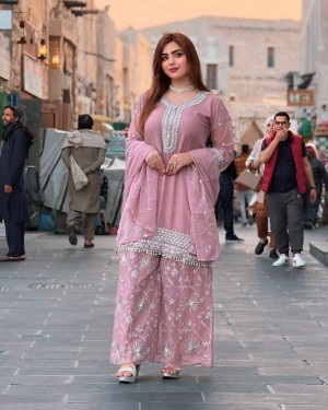 Embroidery heavy sequence heavy faux georgette pink palazzo suit