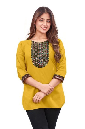Beautiful embroidery designer yellow rayon kurti