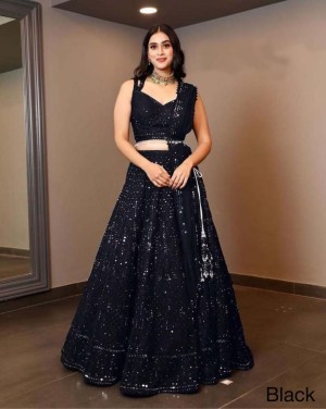 Embroidery sequence semi stitched heavy georgette black lehenga choli dupatta