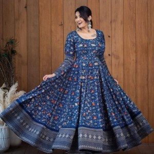 Beautiful designer sleeve border printed dullsatin blue gown