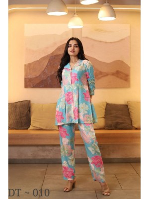 Digital printed sequence embroidery sky blue muslin silk dress