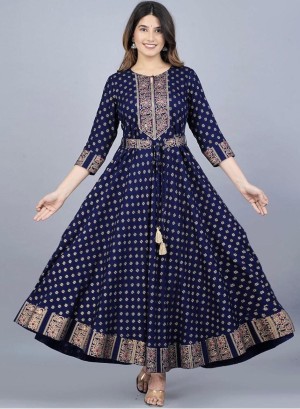 Launching super hit foil printed beautiful rayon blue gown
