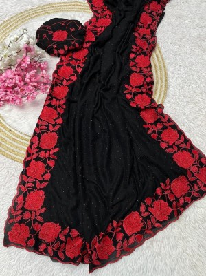 Beautiful embroidery designer unstitched blooming black saree