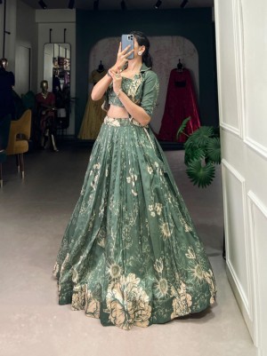 Drawstring floral printed stitched beautiful silk green lehenga choli dupatta