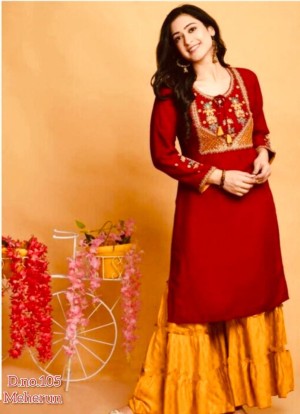Full stitched beautiful embroidery designer rayon red sharara set