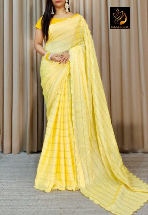 Beautiful border unstitched soft chinnon silk yellow saree