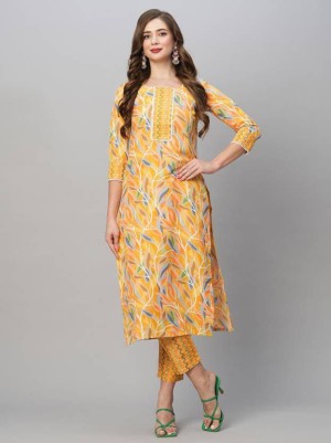 Designer beautiful digital printed latest soft cotton yellow kurti pant
