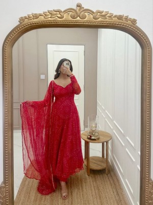 Printed beautiful designer faux georgette micro cotton red gown