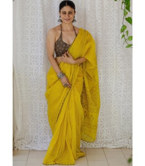 Beautiful designer digital printed kota doriya yellow saree