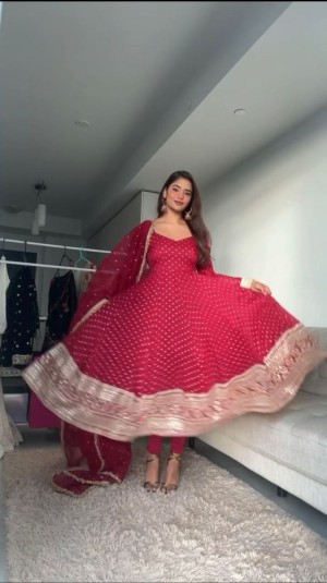 Sequence full stitched beautiful dersigner micro cotton georgette red kurti pant dupatta