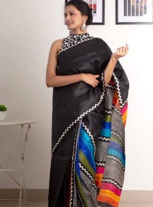 Beautiful designer digital printed chanderi cotton black saree