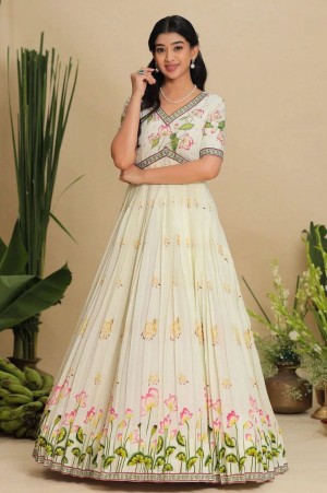 Beautiful printed net cut stitched faux georgette cream gown