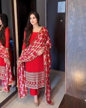 Embroidery heavy beautiful designer linning georgette red kurti pant dupatta