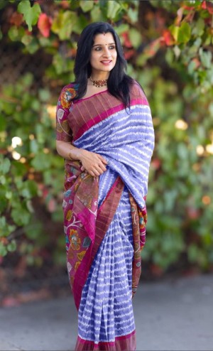 Digital printed beautiful zari gold linen border blue saree
