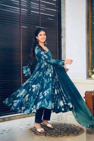 Beautiful designer latest linning chinnon teal gown dupatta