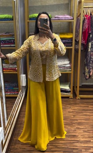 Solid stitched embroidery beautiful designer faux georgette yellow palazzo top