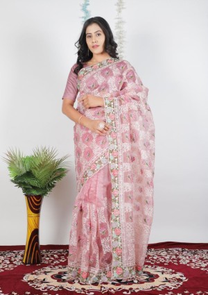 Embroidery beautiful designer c pallu tissue organza peach saree