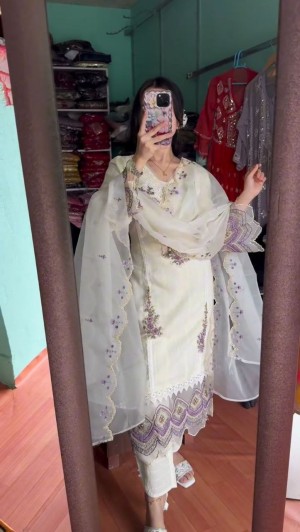 Embroidery organza beautiful designer designer tesla cream kurta pant pajama