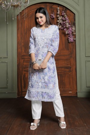 Digital printed embroidery beautiful designer heavy cotton purple kurti pant