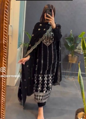 Fully stitched heavy embroidery sequence micro cotton velvet black top pant dupatta