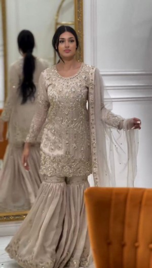 Embroidery sequence full sleeve lace border heavy faux georgette chiku top sharara dupatta