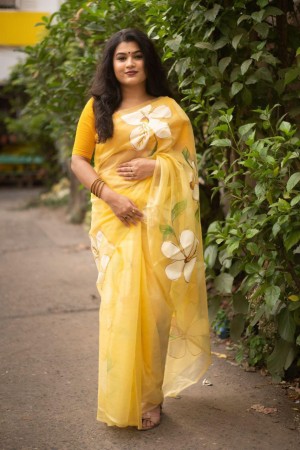 Printed painted beautiful designer gold foil organza yellow saree
