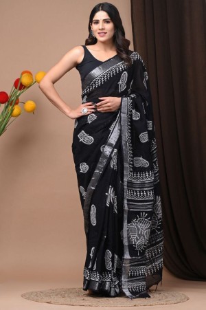 Digital printed designer zari patta linen black saree