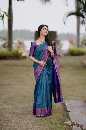 Beautiful designer rich pallu jacquard lichi silk blue saree