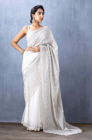 Beautiful designer embroidery khadi organza white saree