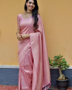 Beautiful designer exclusive jacquard border lichi silk pink saree