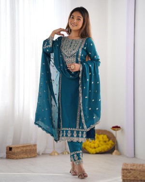 Applaudable fully stithed chinnon silk cotton teal kurti pant dupatta