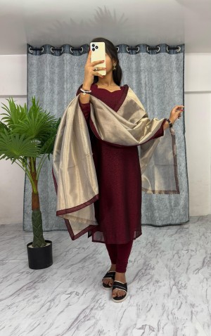 Beautiful boutique arrived lace border zari jacquard maroon kurti pant dupatta