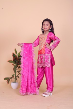 Beautifulness digital printed full sleeve embroideri silk pink top pant dupatta