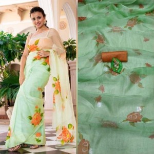 Beneficial digital printed organxza silk pista saree