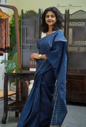 Brilliantly very gold border unstitched chanderi silk blue saree