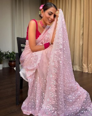 Charming premium sequence embroidery organza silk pink saree