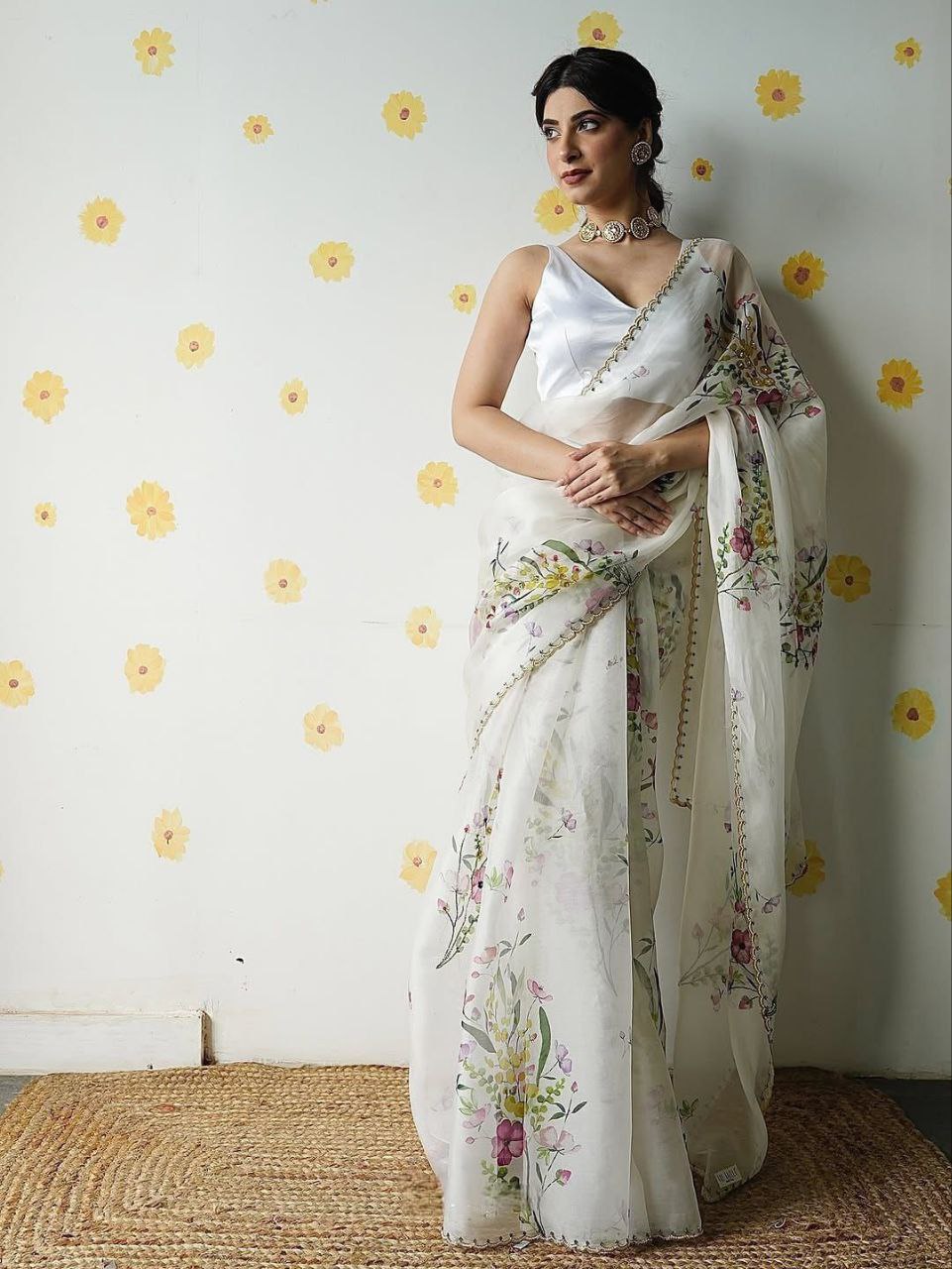 Beautiful floral print sequins silk chiku saree