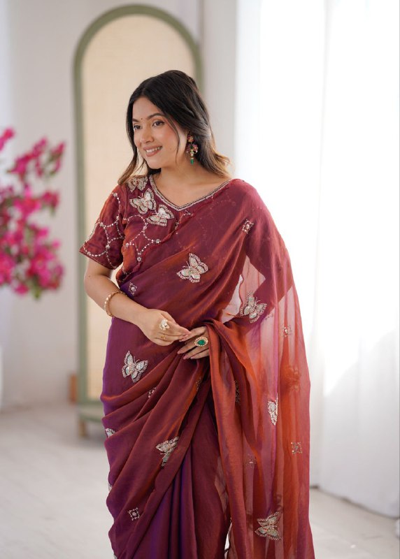 Designer embroidered pure satin red saree