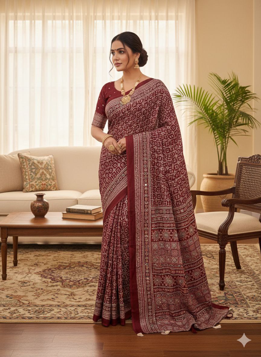 Attractive zariprinted soft crepe silk maroon saree