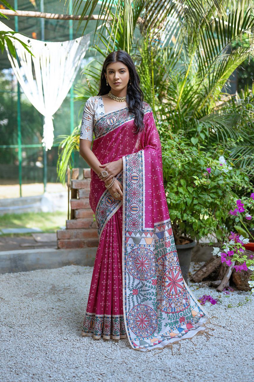 Astounding printed tussar silk pink saree