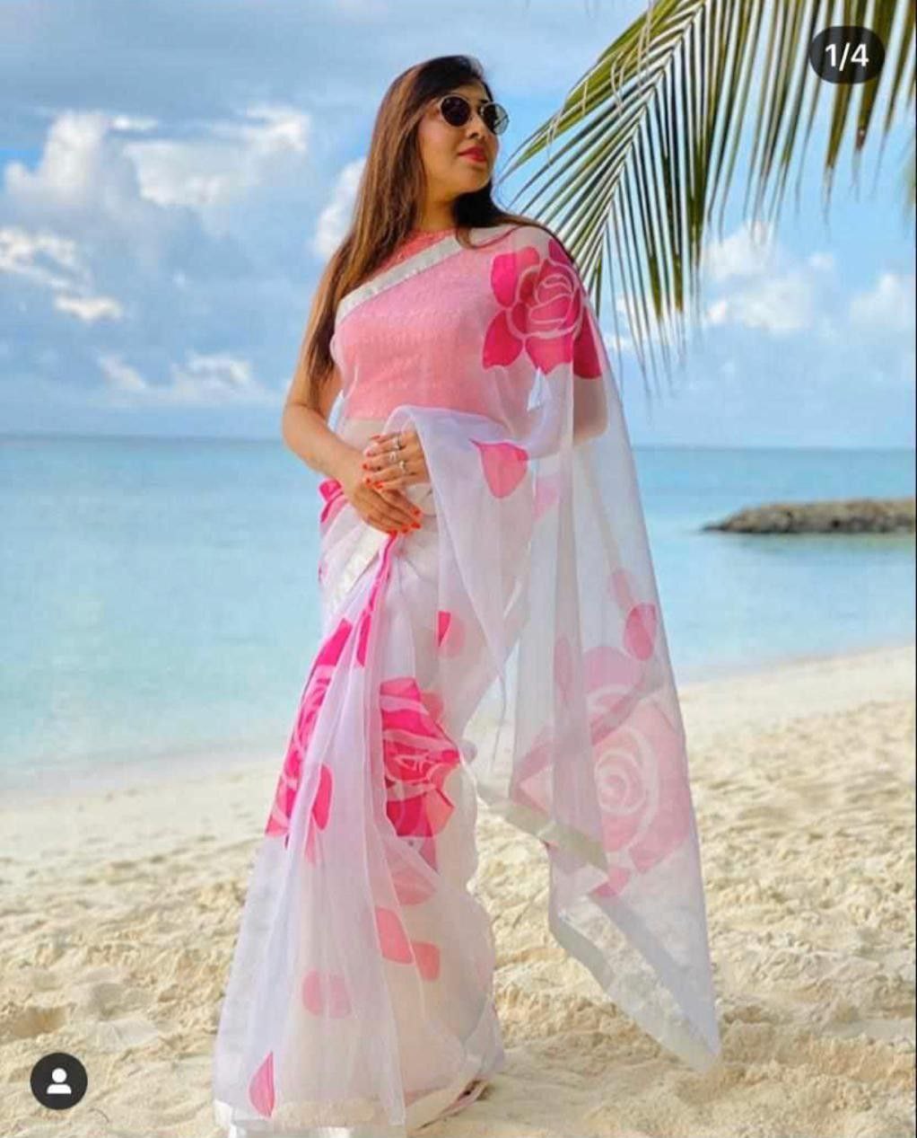 Dazzling digital printed organza silk whitw saree