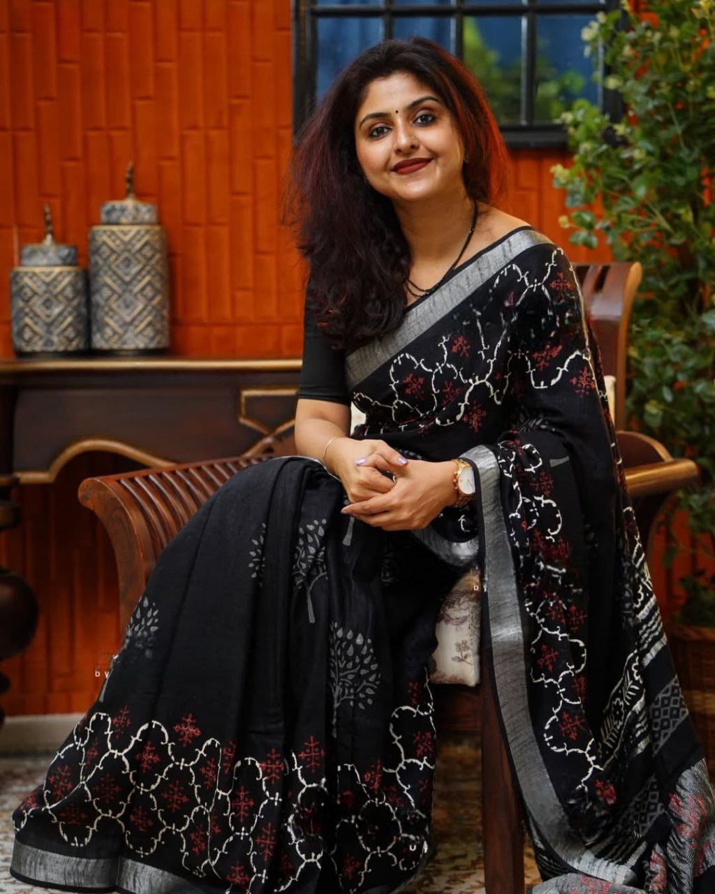 Designer soft linen printed black saree
