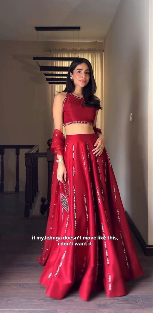Beautifulness thread satin silk red lehenga choli dupatta