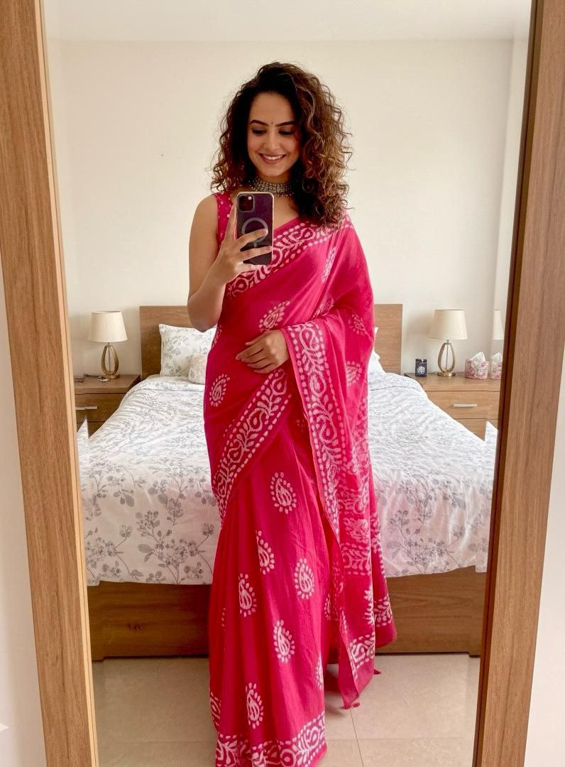 Beautiful Nature printed chanderi soft cotton red saree