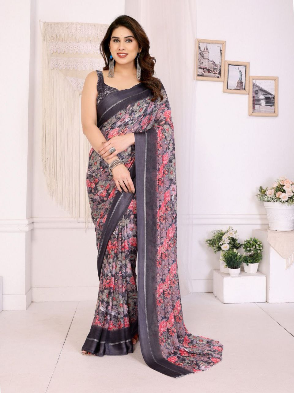 Congratulations printed satin gold saree