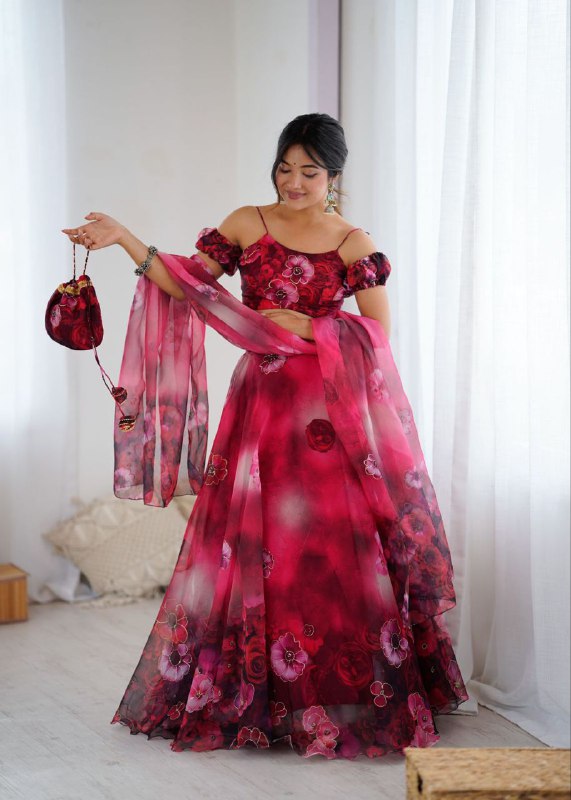 Attractiveness digital Print organza silk red lehenga choli dupatta