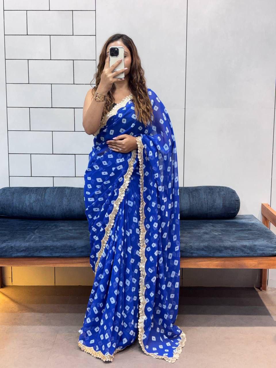 Completely printed embroidery georgette blue saree