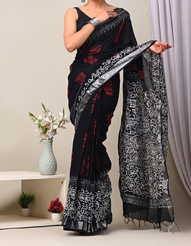 Designer digital printed linen black saree